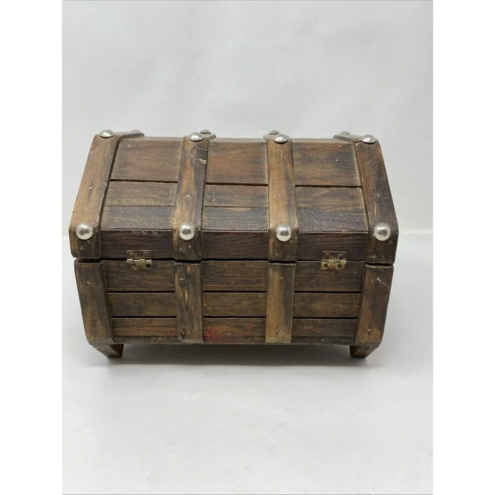 Vintage Wood Pirate Treasure Chest Jewelry Trinket Box Gothic Lion Heads